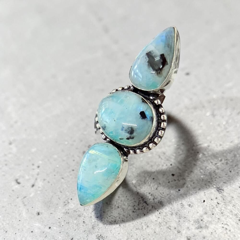 Rainbow Moonstone 3 Stone Statement Ring 925 Silver Overlay